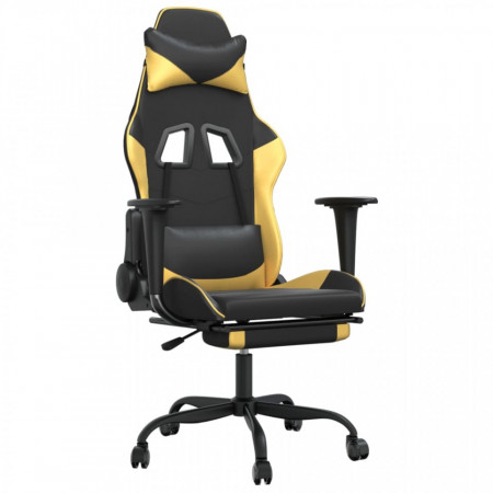 Scaun de gaming cu suport picioare negru/auriu, piele ecologică - V3143655V