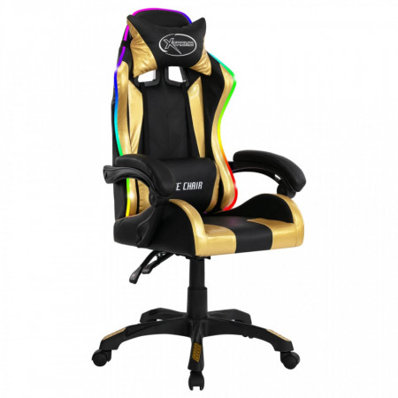 Scaun de jocuri cu LED RGB, auriu și negru, piele ecologică - V287998V