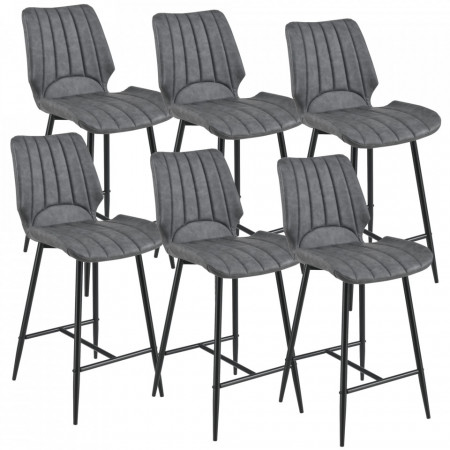 Scaune bar, set 6 buc, imitatie piele/metal, gri inchis - P58616402