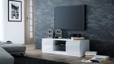 TECTV3 - Comoda TV 120 cm, living - Alb lucios, Negru lucios