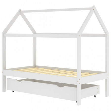 Cadru pat de copii cu un sertar, alb, 80x160 cm, lemn masiv pin - V322140V