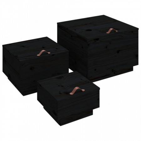 Cutii de depozitare cu capace 3 buc. negru lemn masiv de pin - V818249V