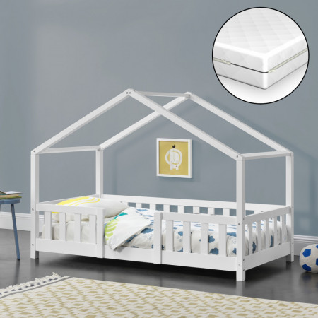 Pat copii design casuta cu saltea si somiera 80 x 160 cm, alb mat - P71474529