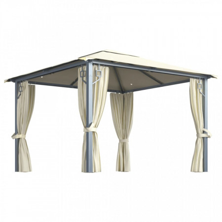 Pavilion cu perdele & șiruri lumini LED, crem, 3x3 m, aluminiu - V3070332V