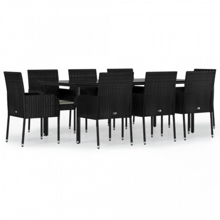 Set mobilier de grădină cu perne, 9 piese, negru, poliratan - V3185159V