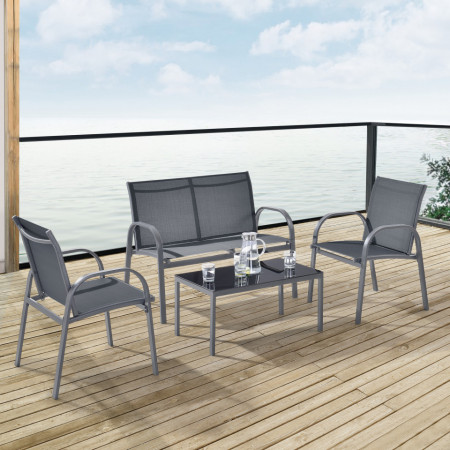 Set mobilier gradina, masa cu blat sticla, banca, doua scaune, gri inchis/negru - P74254182