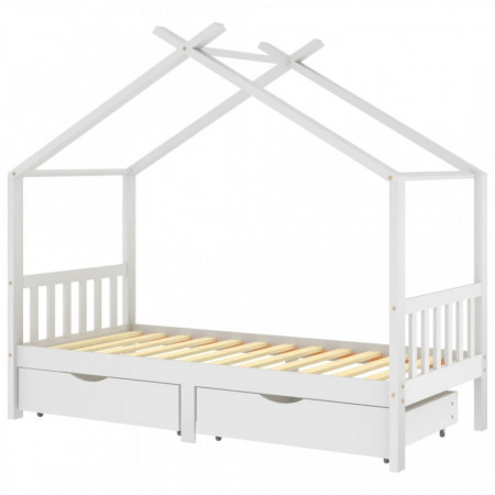 Cadru de pat copii, cu sertare, alb, 90x200 cm, lemn masiv pin - V322150V