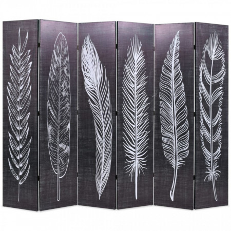 Paravan camera pliabil, negru&alb, 228 x 170 cm, imprimeu pene - V245892V