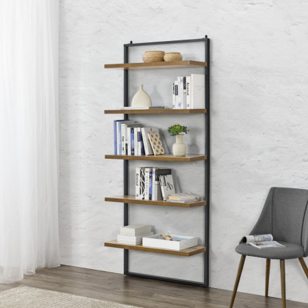 Raft perete, biblioteca cu 5 polite, efect lemn inchis - P73649697