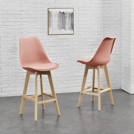 Scaune bar, set 4 buc, plastic/imitatie piele/lemn, roz - P74694641