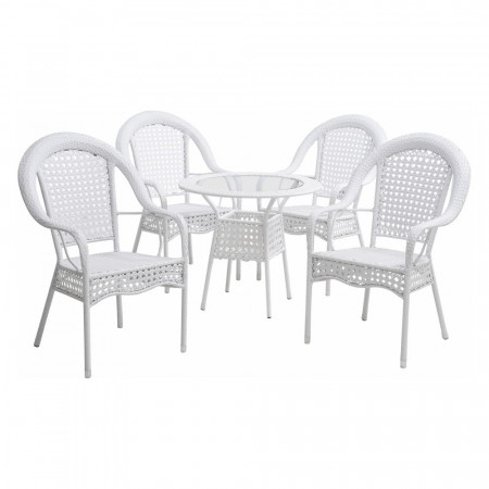 Set de grădină din ratan cu 5 piese, 1 măsuţă şi 4 scaune, alb - TP254781