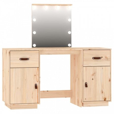 Set de masă de toaletă cu LED, lemn masiv de pin - V3107839V