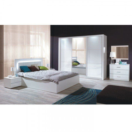 Set dormitor (dulap, pat și 2 noptiere), alb și alb lucios - TP210561
