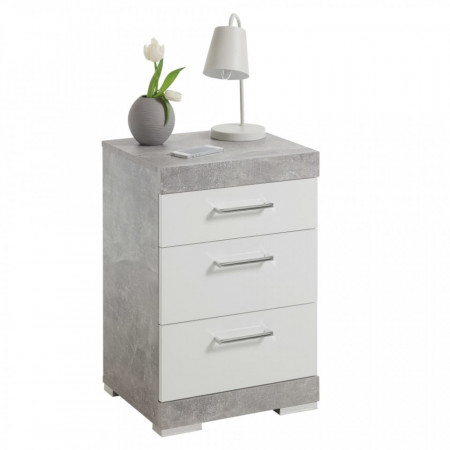 FMD Noptiera cu 3 sertare, gri beton si alb lucios - V428707V