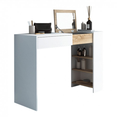 Măsuţă de toaletă, masă de scris, alb si stejar, 114 cm - TP238831