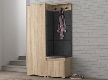 MBCUIS5 - Set Cuier hol, 104x37x177 cm - 3 agatatori haine, hol, pantofar - Sonoma cu tapiterie Gri / Albastra / Verde