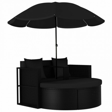 Pat de grădină cu umbrelă de soare, negru, poliratan - V47398V