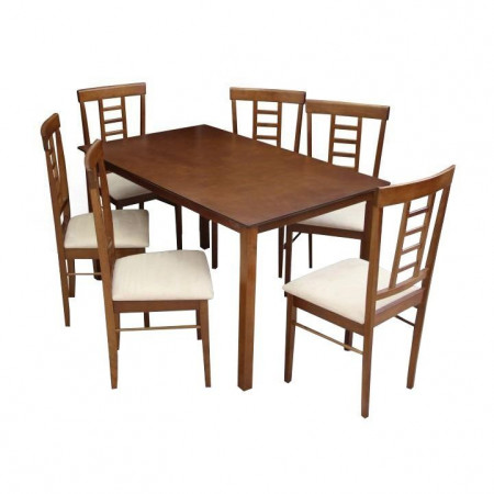 Set dining 1+6, material textil bej/lemn finisaj nuc - TP203058