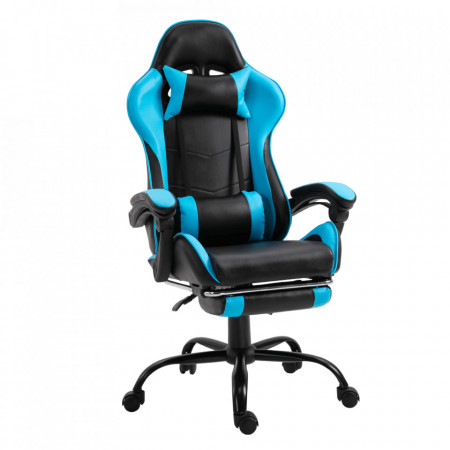 Fotoliu birou / gaming cu suport picioare, negru și albastru, 64x121-131x53-81 cm - TP266175
