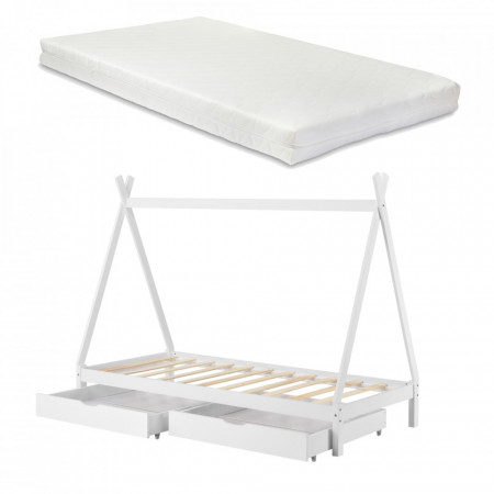 Pat copii cu saltea si 2 sertare pe roti, brad, alb - P69871668