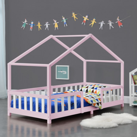 Pat copii design casuta, 90 x 200 cm, lemn, roz/alb - P76948100
