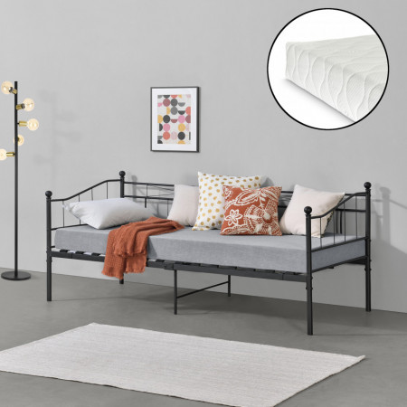 Pat rama metalica cu saltea 200 x 90 x 16 cm, negru mat - P76645975