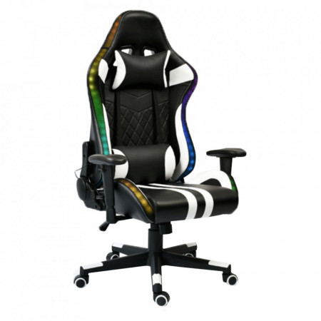 Scaun de birou cu iluminare RGB, gaming, negru și alb, 70x63x125-130 cm - TP279416