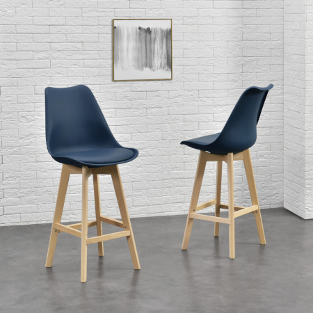 Scaune bar, set 4 buc, plastic/imitatie piele/lemn, albastru - P74694640