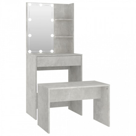 Set măsuță de toaletă cu LED, gri beton, lemn prelucrat - V3114134V