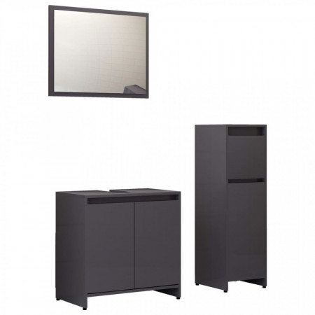 Set mobilier de baie, 3 piese, gri extralucios, lemn prelucrat - V3056933V