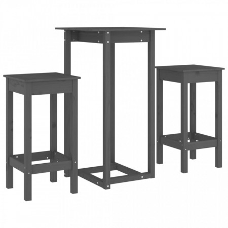 Set mobilier de bar, 3 piese, gri, lemn masiv de pin - V3124729V