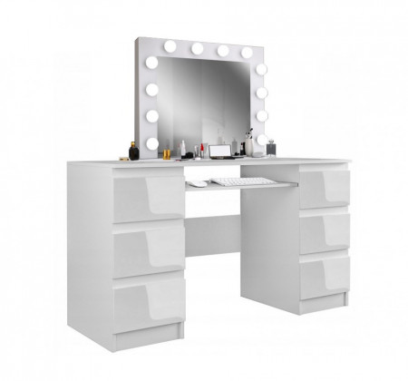 TEMTA2 - Set Masa toaleta, 130 cm, cosmetica machiaj, masuta vanity, oglinda cu LED-uri - Alb lucios sau Alb Mat