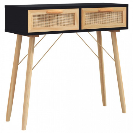 Masă consolă negru 80x30x75 cm lemn masiv pin și ratan natural - V345625V
