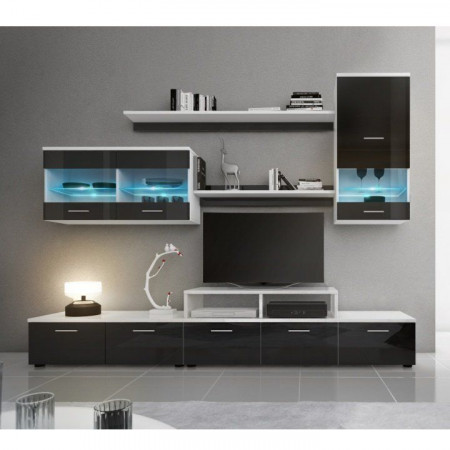 Mobilier living, alb și negru lucios, 250x42x180 cm - TP66455