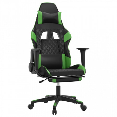 Scaun gaming de masaj/suport picioare, negru/verde, piele eco - V345525V