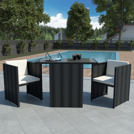 Set bistro cu perne, 3 piese, negru, poliratan - V42484V