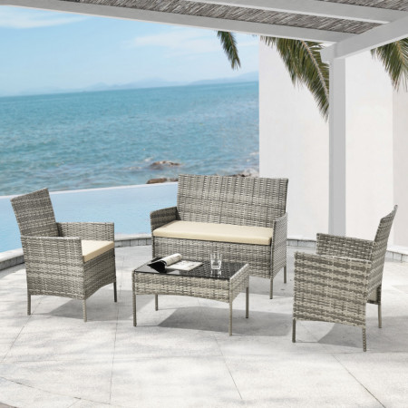 Set mobilier gradina, 2 scaune, masa, banca, 3 perne, gri/crem - P76151919
