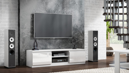 TECTV4 - Comoda TV 140 cm, living - Alb lucios, Negru lucios