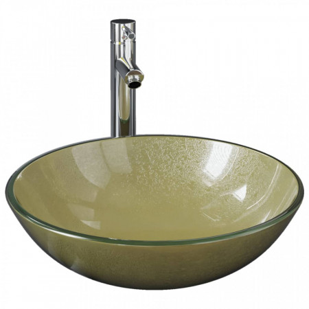 Chiuvetă baie, robinet și scurgere tip push auriu sticlă călită - V3098459V