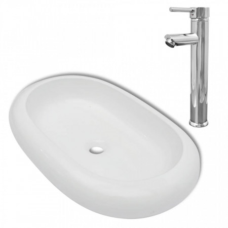 Chiuvetă de baie cu robinet mixer, ceramic, oval, alb - V275496V