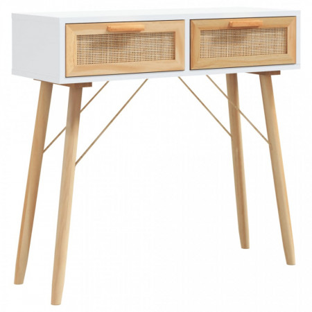 Masă consolă alb 80x30x75 cm lemn masiv pin și ratan natural - V345624V