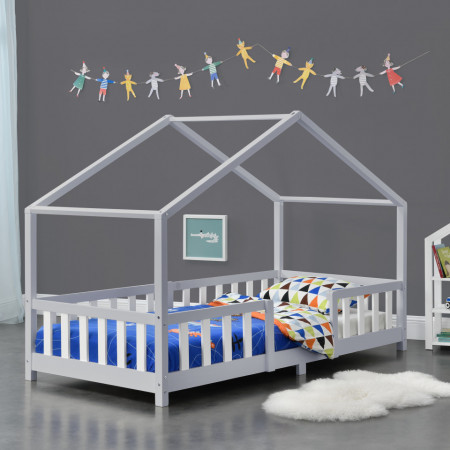 Pat copii design casuta, 90 x 200 cm, lemn, gri/alb - P76948099