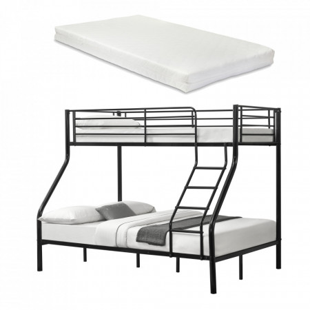 Pat metalic supraetajat cu saltea spuma rece, saltele: 200cm x 140/90cm x 16cm, metal/poliester, negru, 3 persoane - P57631039