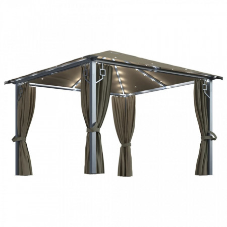 Pavilion cu perdele&șiruri lumini LED gri taupe 3x3 m aluminiu - V3070334V