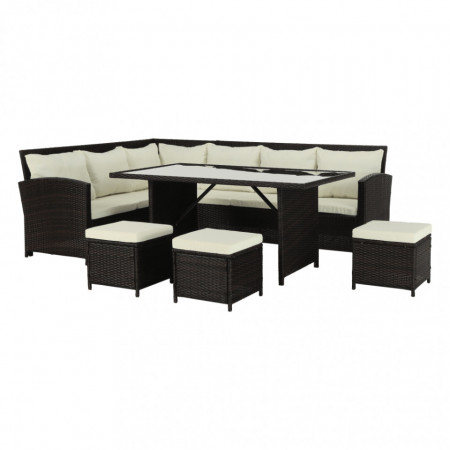 Set de grădină din ratan cu 5 piese, 1 măsuţă, 1 colţar şi 3 tabureţi, maro - TP302510