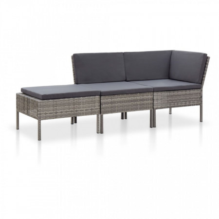 Set mobilier de gradina cu perne, 3 piese, gri, poliratan - V48962V