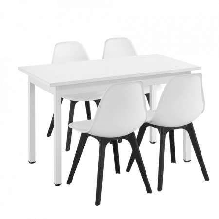 Set Viki masa bucatarie cu 4 scaune, masa 120 x 60 x 75 cm, scaun 83 x 54 x 48 cm, MDF/plastic, alb/alb/negru - P58630808