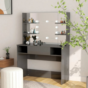 Masă de machiaj cu lumini LED, gri lucios, 100x40x135 cm, MDF - V331543V - Img 2