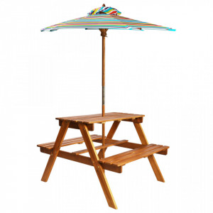 Masa picnic pentru copii cu umbrela, 79x90x60 cm, lemn acacia - V43990V