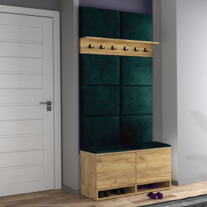 MBCUIAR1 - Set Cuier hol, 100x37x213 cm - 6 agatatori haine, hol, pantofar - culoarea Stejar, cu tapiterie: Verde inchis / Turcoaz / Albastru / Gri - Img 8